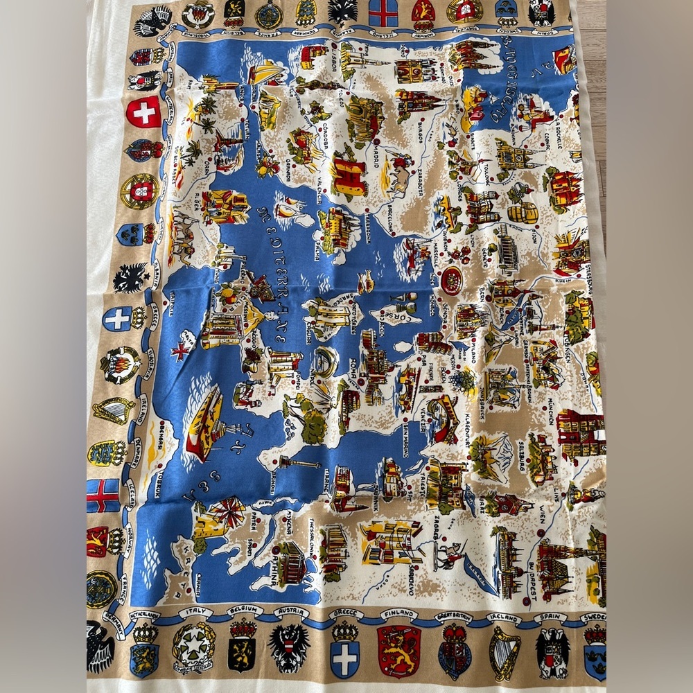 VINTAGE Tablecloth Map Europe City Heraldic Country Crests Border Souvenir Retro